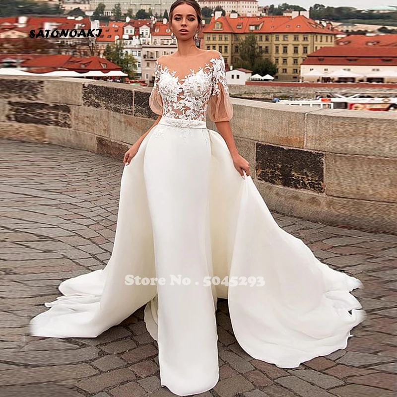 

SATONOAKI Jewel Neckline See-through Bodice 2 In 1 Wedding Dress With Lace Appliques Detachable Skirt Half Sleeves Bridal Gown
