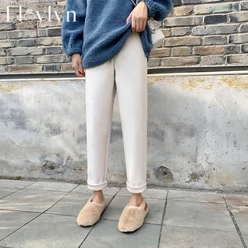 

FLOYLYN Winter High Waist Casual Loose Woolen Pants Women Thicken Warm Pockets Straight-leg Pants Female Long Trousers 2020