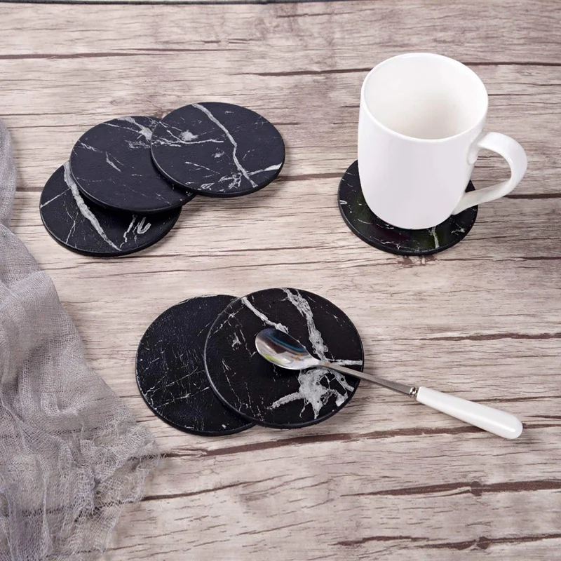 Coasters for Drinks 6-Piece with Holder,Marble Black Round Cup Mat Pad Set Of Home and Kitchen Use-ABUX