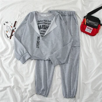 

Loose Casual Women Sport Set 2020 Spring Letter Printed Patchwork Pullover Top+pockets High Waist Long Pants Gray Black Sets