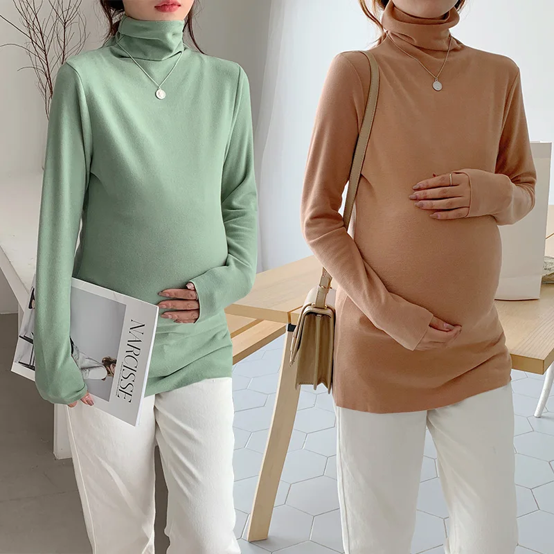 

8149# High Neck Warm Maternity Bottoming Shirts Autumn Winter Korean Fashion T Shirts Clothes for Pregnant Women Pregnancy Tops