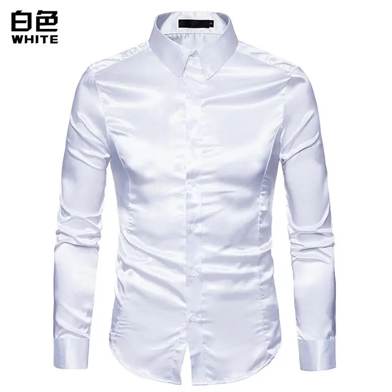 Белый Стильная белая шелковая атласная Мужская рубашка Chemise Homme, повседневная приталенная Мужская рубашка с длинным рукавом, деловая Свадебная мужская рубашка - Цвет: Белый