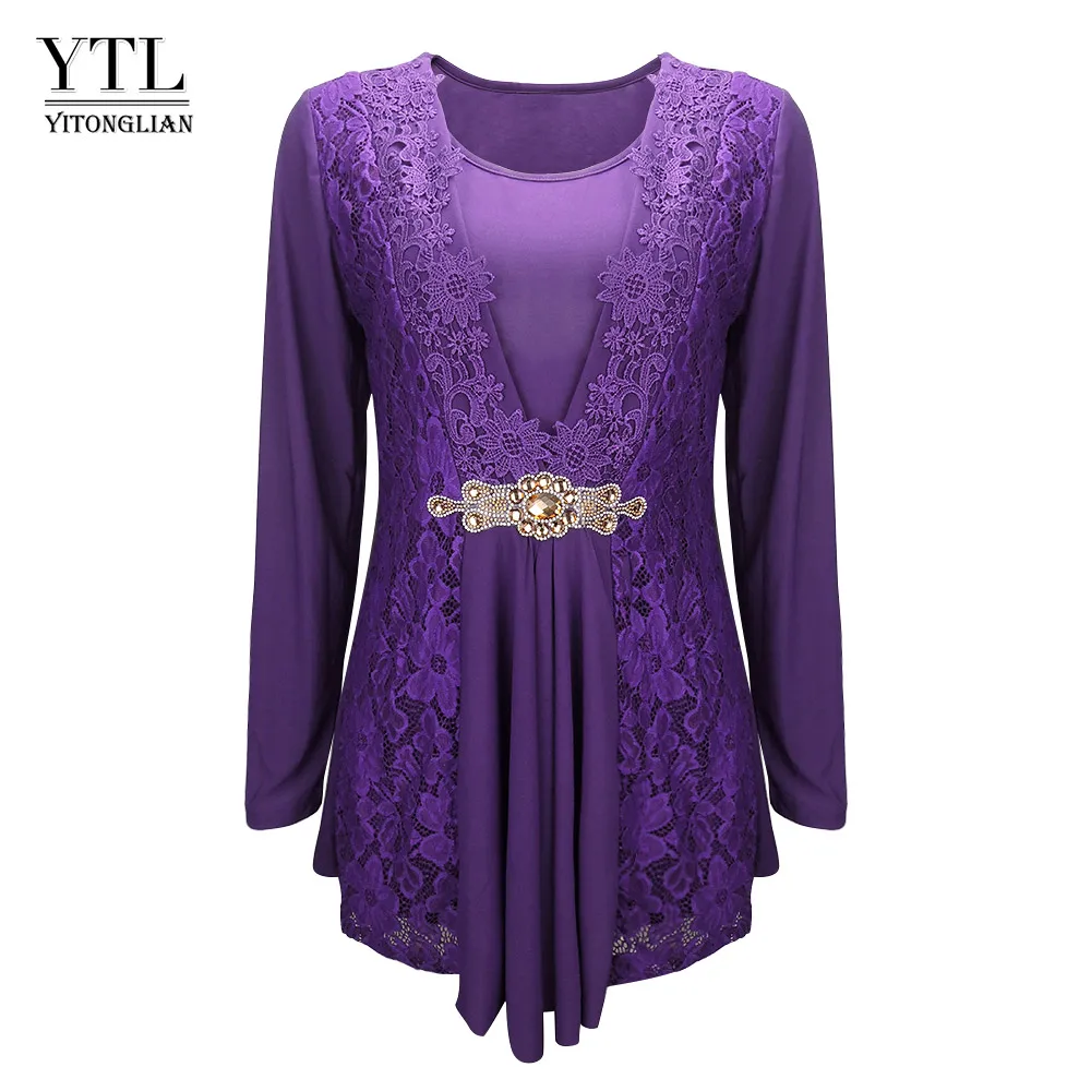 Purple YTL Женская винтажная блузка с длинным рукавом, алмазные струящиеся шикарные кружевные топы, повседневный стиль, элегантная разноцветная Женская Лоскутная рубашка H025 - Цвет: Purple