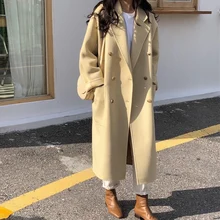 Зимнее свободное кашемировое пальто женское длинное большое шерстяное пальто большого размера осеннее Новое корейское женское черное розовое шерстяное пальто верхняя одежда