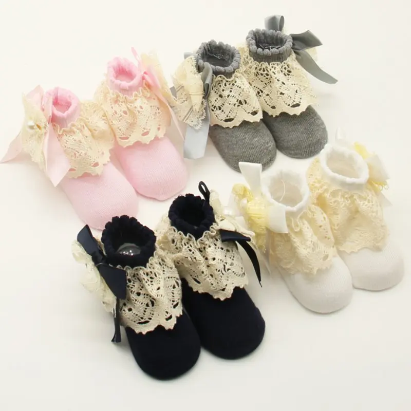 1 пара кружевных носков с цветочным рисунком для малышей милые хлопковые носки принцессы с бантиками для маленьких девочек носки для девочек от 0 до 12 месяцев