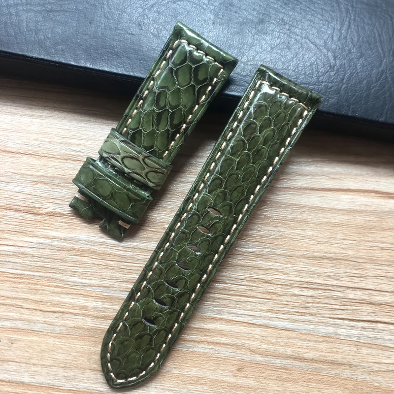 Green no buckle Высокое качество Мода ручной работы 22 мм 24 мм Зеленый Белый змеиной кожи кожаный ремешок для Panerai PAM ремешок для часов в стиле милитари браслет - Цвет ремешка: Green no buckle