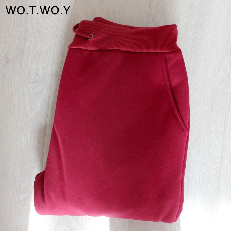P19267Wine Red WOTWOY Осень Зима Трикотажные Хлопковые женские брюки Талия веревка Повседневные Высокая талия прямые брюки женские плотные брюки для женщин - Цвет: P19267Wine Red