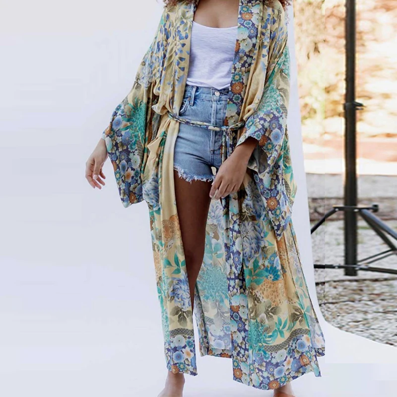 

AYUALIN Kimono Cardigan robe for women Autumn Long Kimono Loose floral printed tops Side slits sashes wrap Blouses shirts blusas