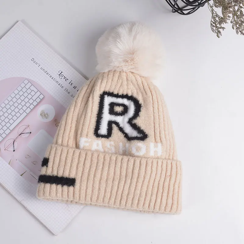 

Letter Wool Knit Beanie Hat Pompom Knitted Cap Women Winter WarmOutdoor Insert Beanies