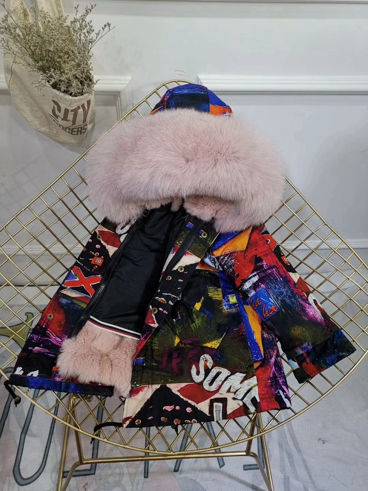 Children Winter Jacket Graffiti Boys Girls Real Fur Coat Thick Warm Rabbit Fur Kids Jacket Coat Furry Natural Fur Collar TZ428