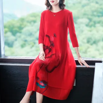 

Red Dress Plus Size Women Vintage Print Chinese style Loose Miyake Pleats O neck 3/4 Sleeve Autumn Dress for women weight45-75kg