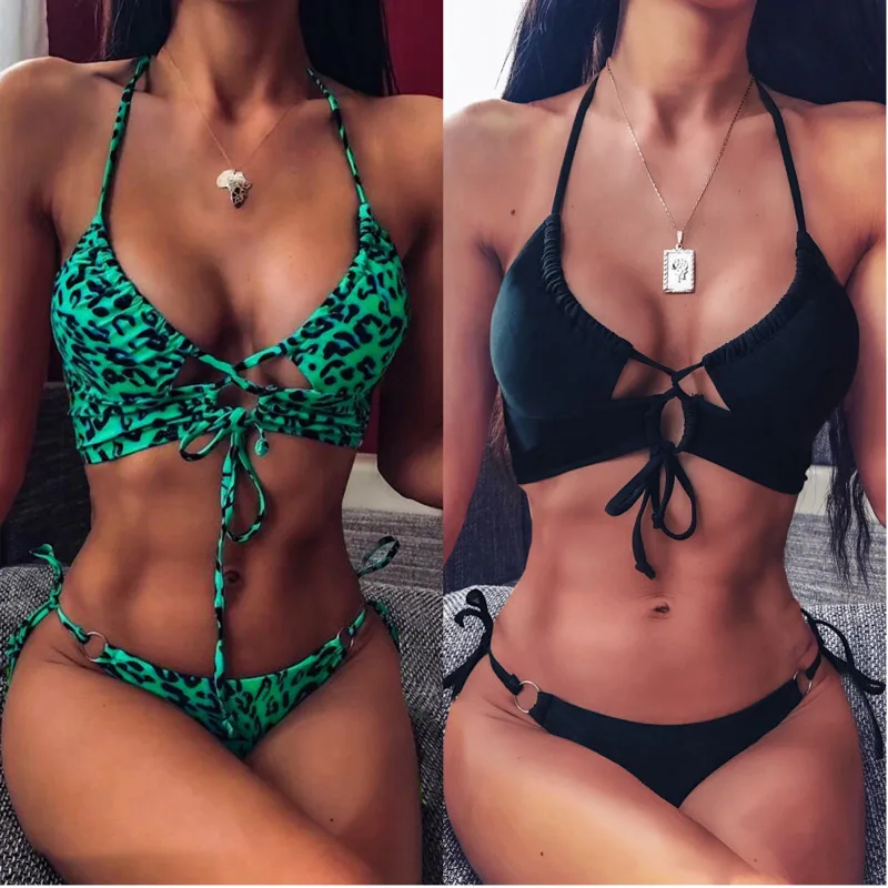 

Leopard Swimsuit Female Sexy String Lace Up Bikini 2020 High Cut Swimwear Women Summer Bathers Halter Bikini Set Swim Suit