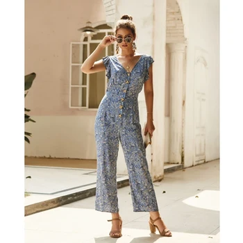 

Summer Floral Print Jumpsuits Women Long Pants Deep V Neck Wide Leg Pants Short Sleeve Ruffle Rompers Loose Jumpsuits