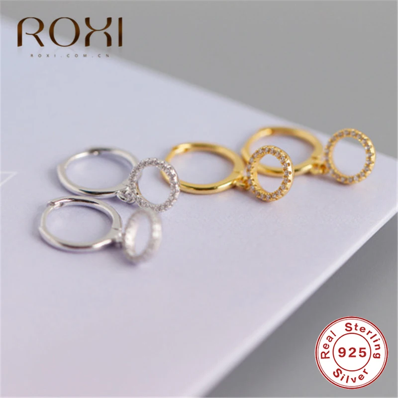ROXI, модные маленькие 925 пробы, серебряные Подвесные серьги-гвоздики, серьги для женщин, Кристальные круглые подвески, очаровательные маленькие серьги-гвоздики, ювелирное изделие