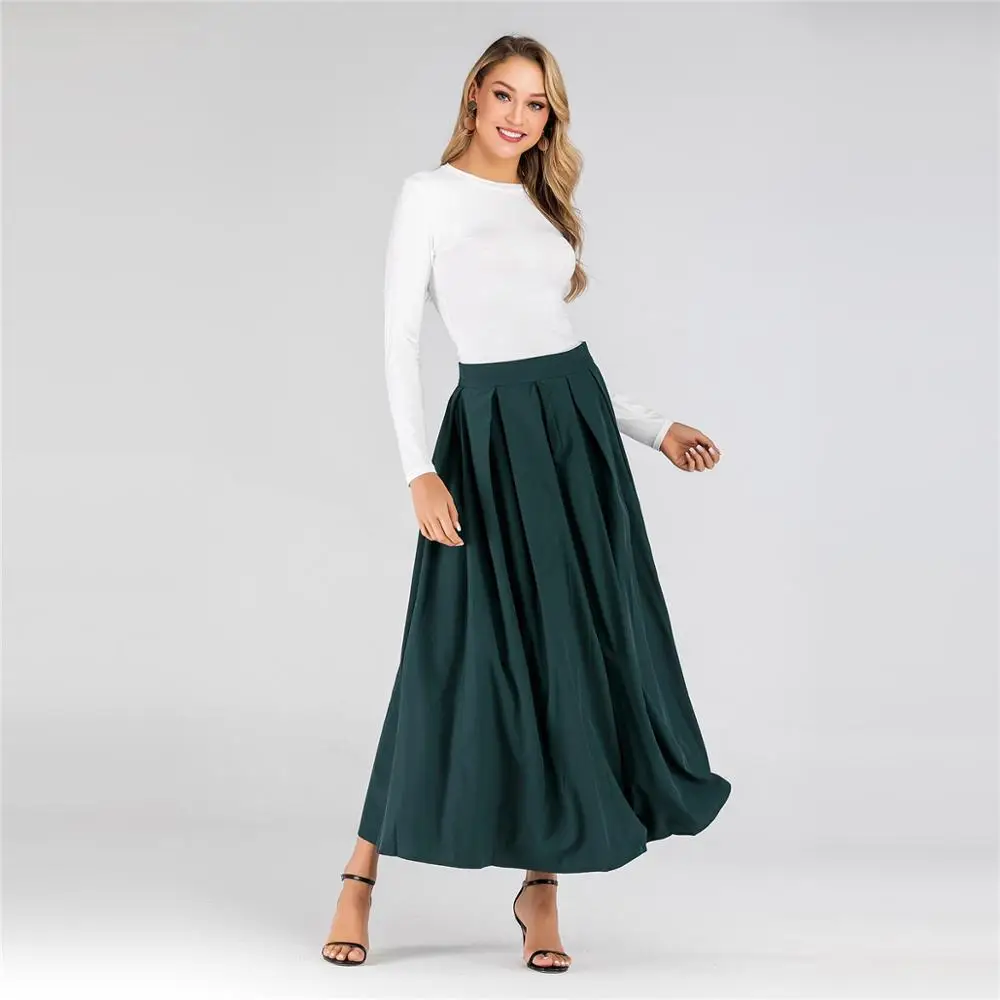 Элегантная длинная Плиссированная юбка с высокой талией, женские осенние зимние юбки, скромные мусульманские юбки длиной до щиколотки, вечерние, Eid, Исламская одежда - Цвет: green