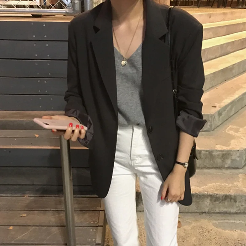 

South Korea Early Autumn Funny of GIRL'S Solid Color Long Sleeve Black And White with Pattern Suit Jacket Women's