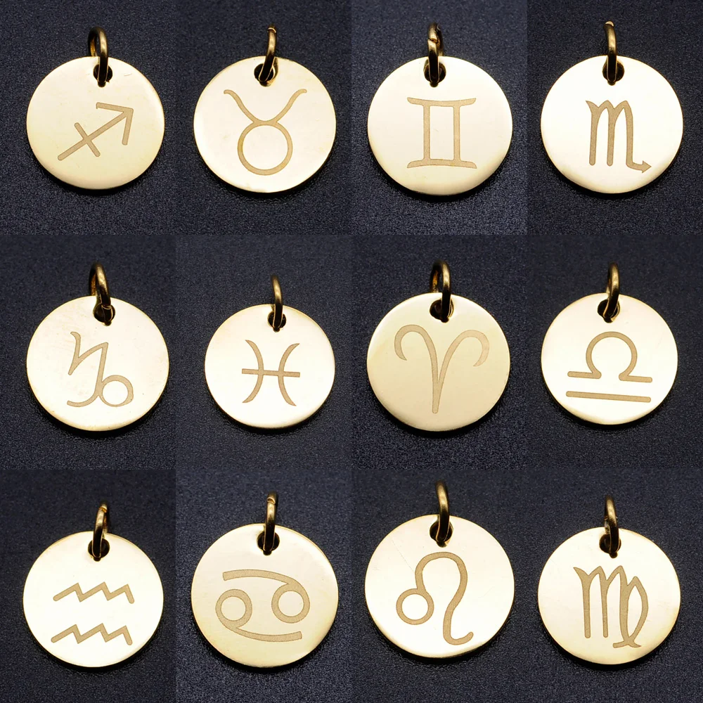 12pcs/lot Stainless Steel Gold Color 12 Constellation Zodiac Signs Charm Pendants for DIY Jewelry Findings | Украшения и