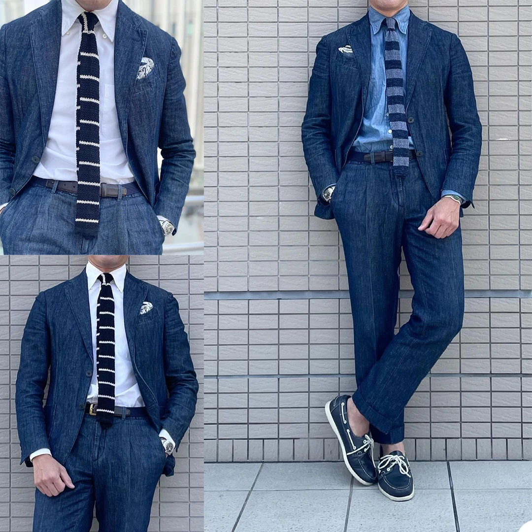 2 Pieces Men Suits Fashion Denim Fabric Single Breasted Casual Style Suits Handsome Party Coat+Pant