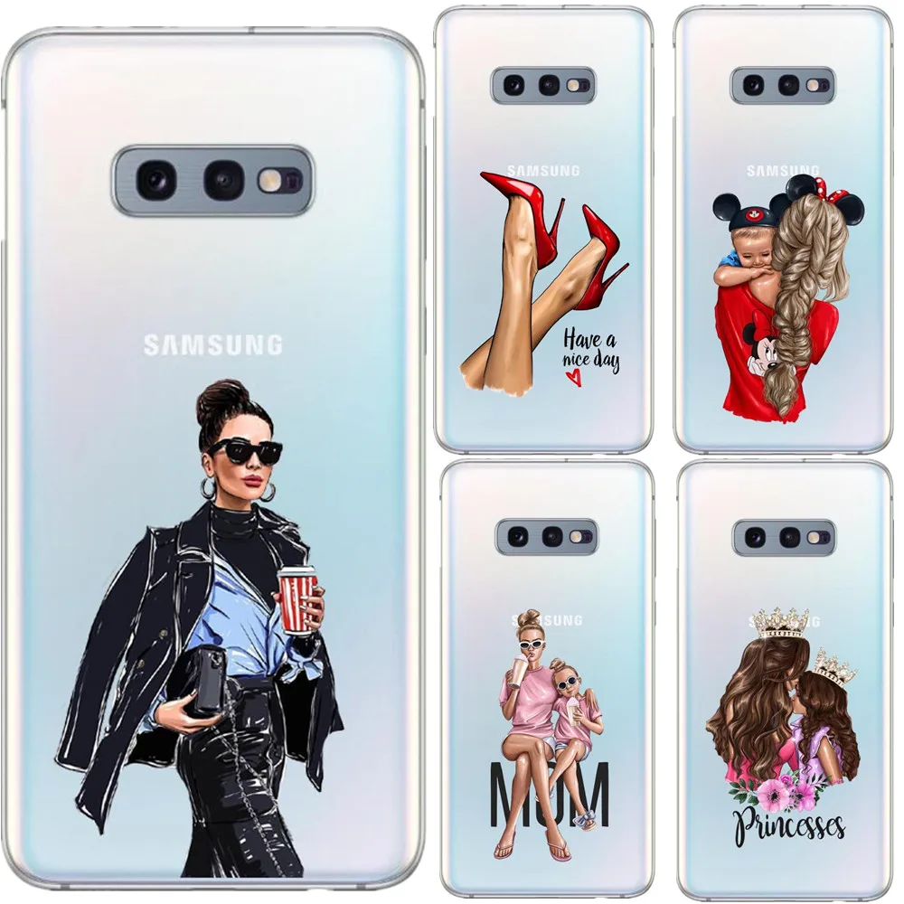 

Fashion Super Black Brown Hair Baby Mom TPU Back Cover Phone Cases For Samsung Galaxy S5 S6 S7 Edge S8 S9 Plus S10 S10E S10 Plus