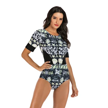 

Rashguard One Piece Swimsuit Swimwear Women Patchwork Short Sleeve Bathing Suit Female Front Zipper Surfing Swimming Suit New