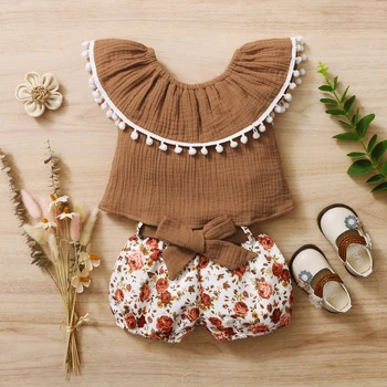 Alternative view of Summer Newborn Toddler Baby Girls Clothes Set Boho New Born Infant Cute Outfit Ruffle Short Sleeve Top Shorts Baby Girl Clothes