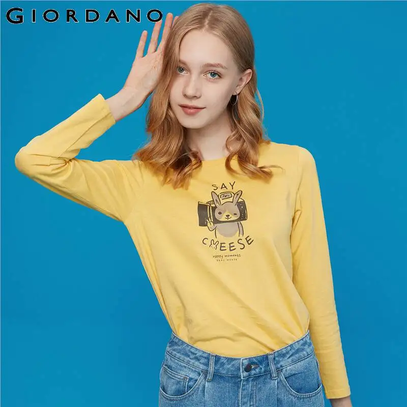 Giordano женский лонгслив с круглым вырезом под шею и длинными рукавами имеется