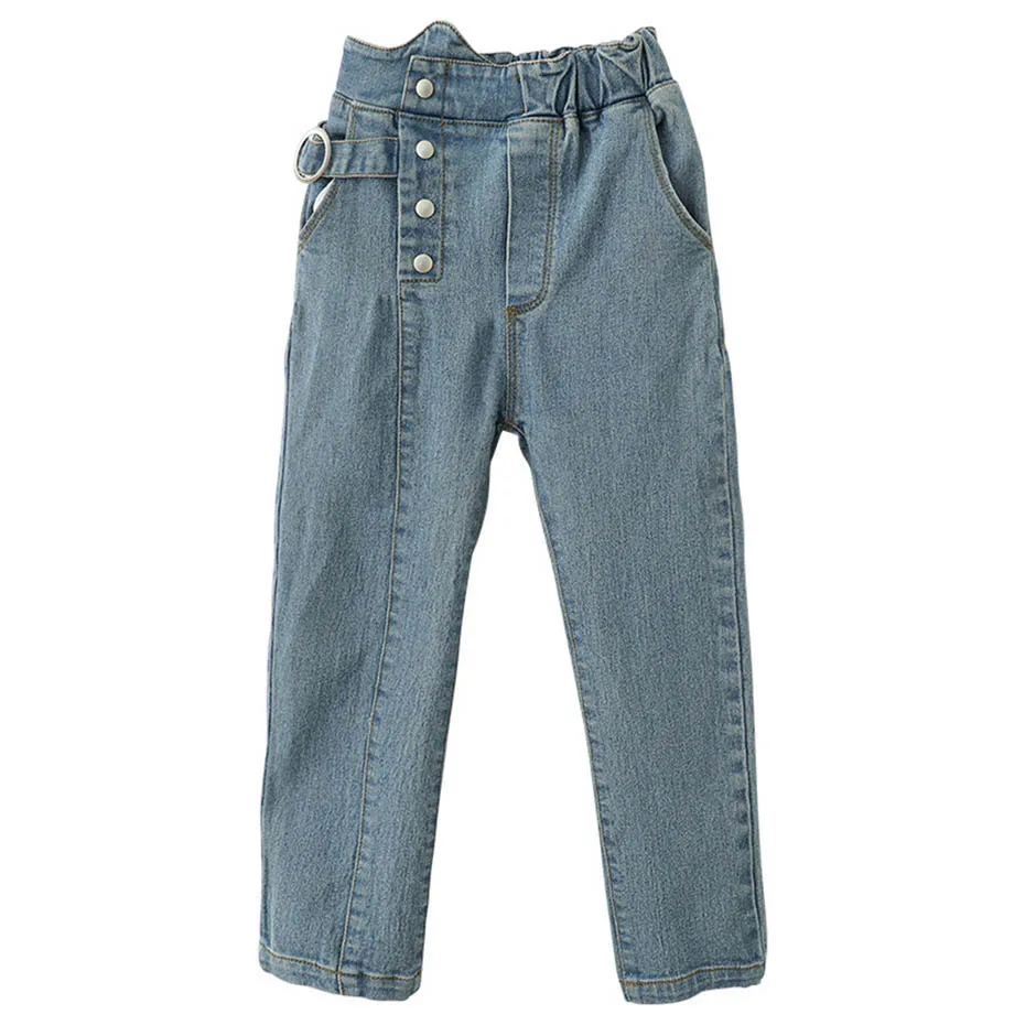Джинсы для девочек, джинсы с высокой талией для девочек, однобортные джинсы с лентами для детей, Осенние повседневные джинсы для девочек 6, 8, 10, 12, 14 лет
