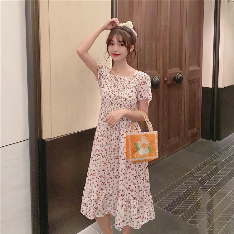 Short Sleeve Dress Women Chiffon Floral Knee-length High Waist Pleated Square Collar Chic Retro Girls Elegant Stylish Simple New fancy dress