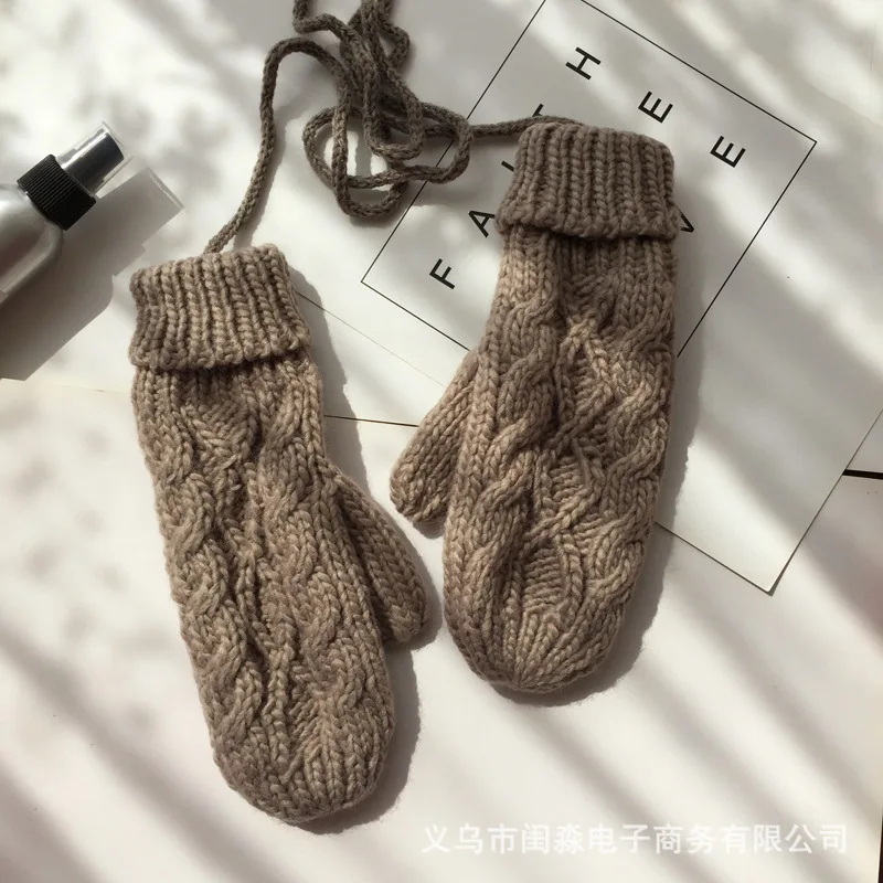 Женские однотонные шерстяные вязаные перчатки без пальцев на шее, зимние теплые утолщенные женские перчатки, милые варежки - Цвет: brown