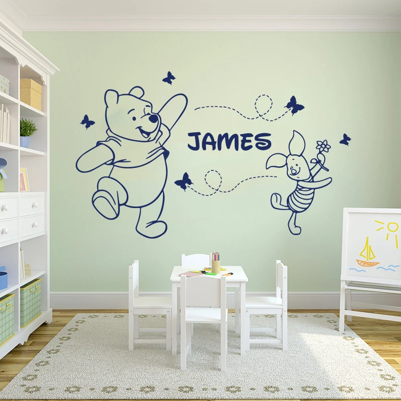 Cartoon Custom Name Winnie the Pooh Wall Sticker Nursery Kids Room Personalize Name Winnie the Pooh and Piglet Butterflies Decal (3)