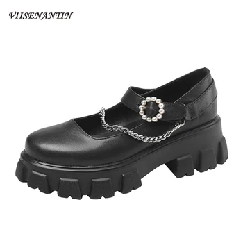 

Autumn New Mary Jane Single Pumps Female Round Toe Metal Chain Pearl Decoration One Word Buckle Thick Heel Platform Women Shoes