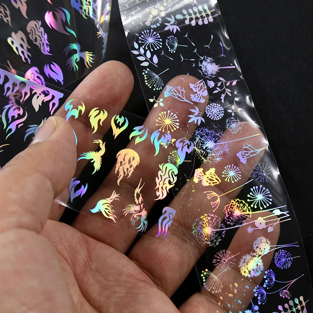 

4*100cm/Roll Holographic Nail Foil Flame Dandelion Panda Bamboo Holo Nail Art Starry sky Transfer Sticker Water Slide Nail Art