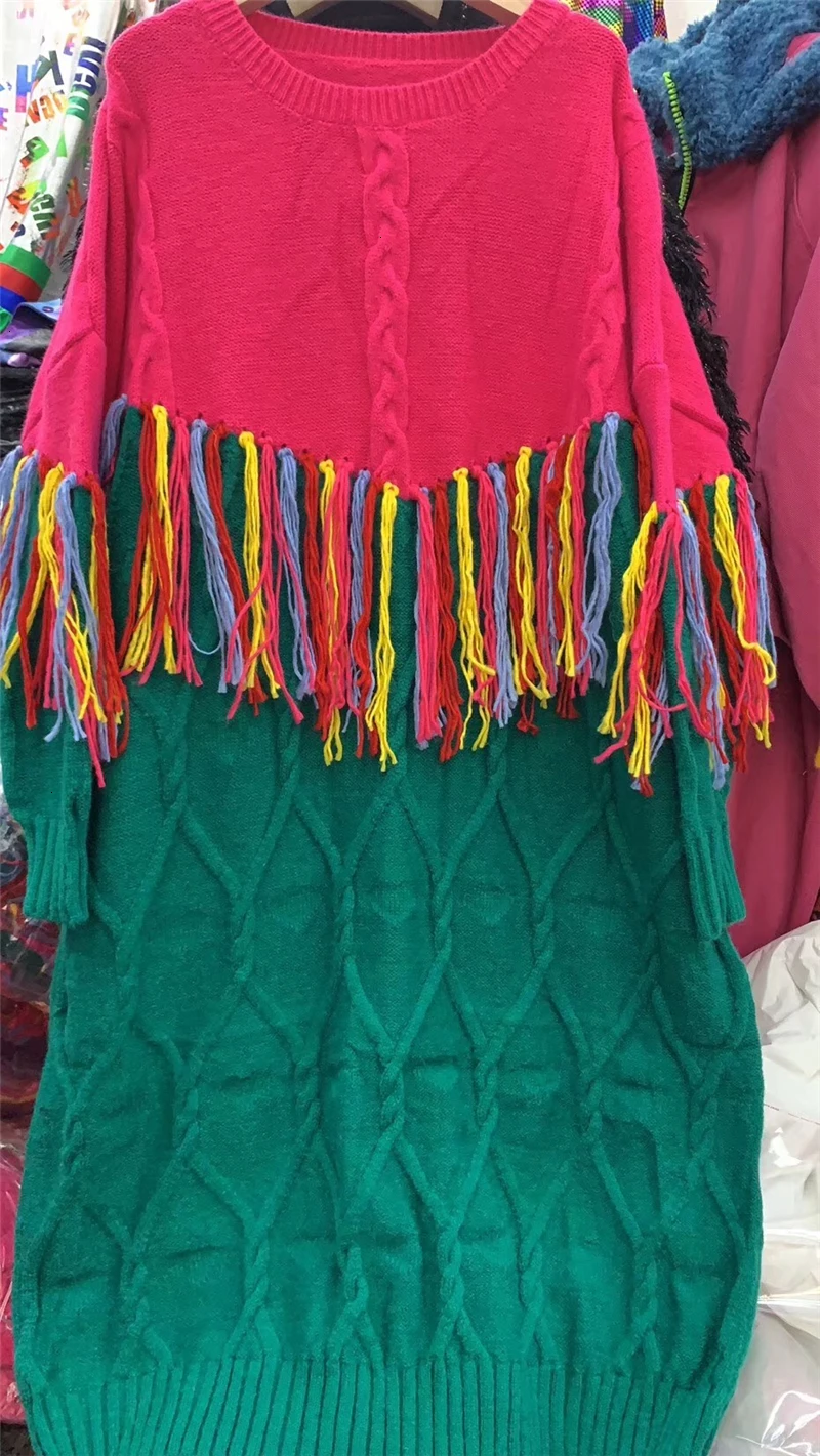 rose red green Корейское индивидуальное свободное новое платье для женщин осень зима модное платье выше колена с кисточками хит цвет вязаное платье YH635 - Цвет: rose red green