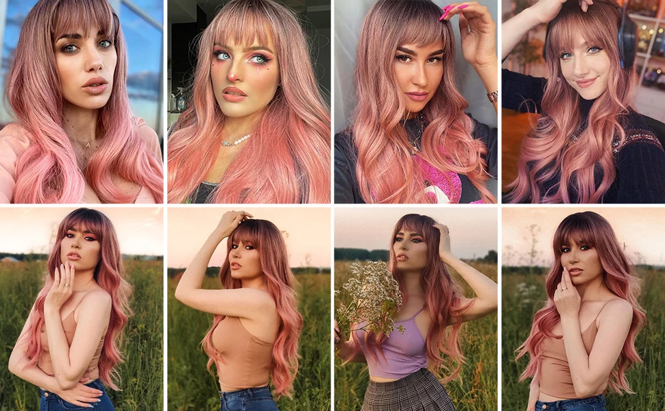 U.SHINE Ombre Brown Light Blonde Platinum Long Wavy Middle Part Hair Wig Cosplay Natural Heat Resistant Synthetic Wig for Women