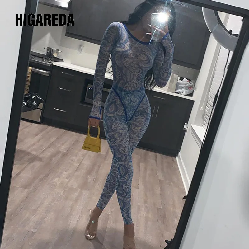 

women mesh see through sexy sets pattern print two pieces stretchy long sleeve tshirt high waist legging 2020 new