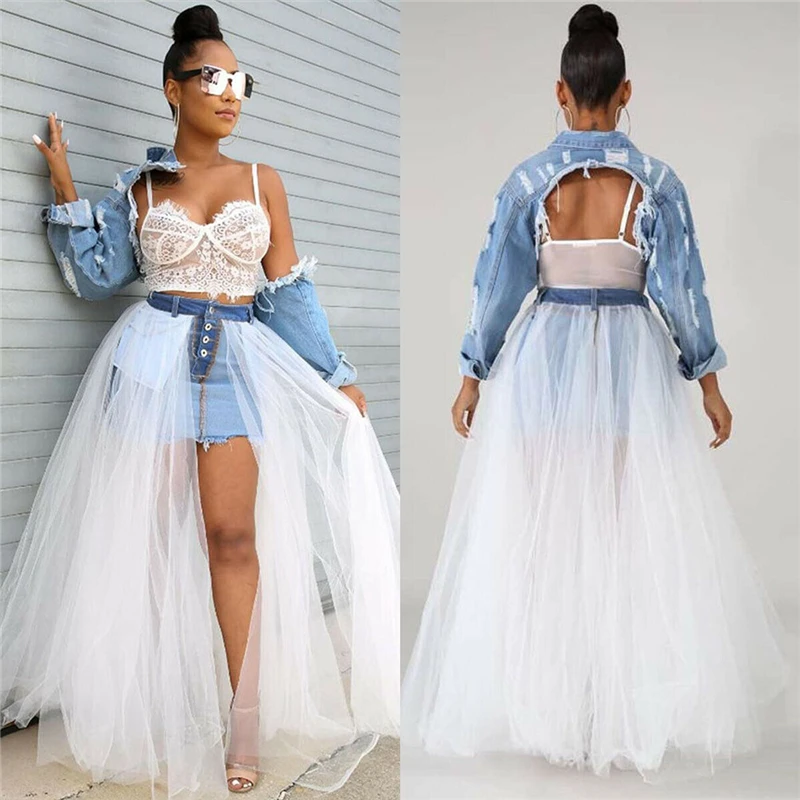 Women's Denim Tulle Mesh Skirt Ladies High Waist 2 Layers Party Skirts Casual Long Skirts Sexy Clubwear Neon Fashion Clothes