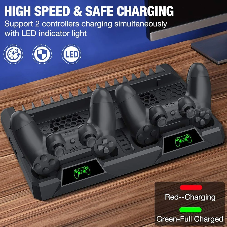 PS4/Slim/Pro вертикальная подставка, 2 контроллера, зарядное устройство, 2 вентилятора охлаждения, 16 игр, дисковое хранилище для sony Play Station 4 PS 4, аксессуары