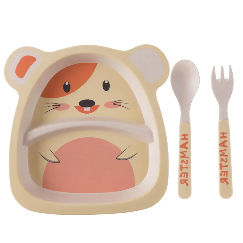 Cartoon rice hamster Набор из 3 столовых приборов из бамбукового волокна для детей, набор из вилок и ложек для здоровых детей, набор столовых приборов с милым рисунком, набор детского питания - Цвет: Cartoon rice hamster