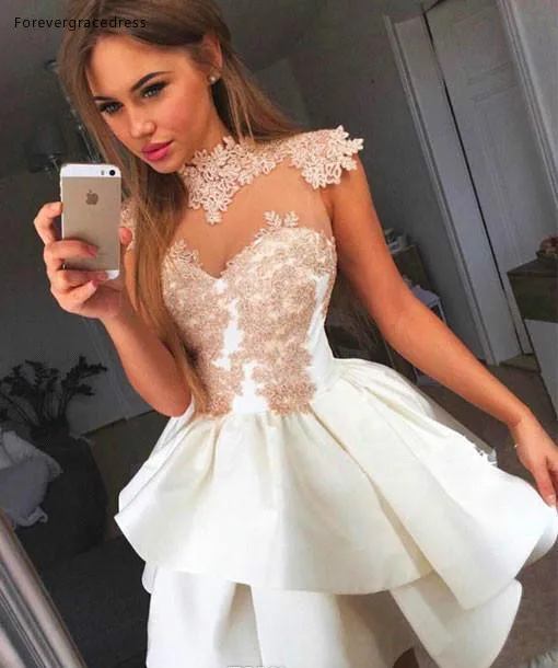 2018 Illusion High Neck A Line Homecoming Dress Tulle Lace Applique Layered Short Prom Party Cocktail Dresses  109