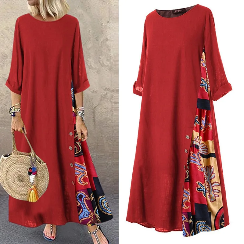 Autumn Dress Patchwork Casual Three Quarter Sleeve O-neck Button High Low Hem Plus Size Long Dresses