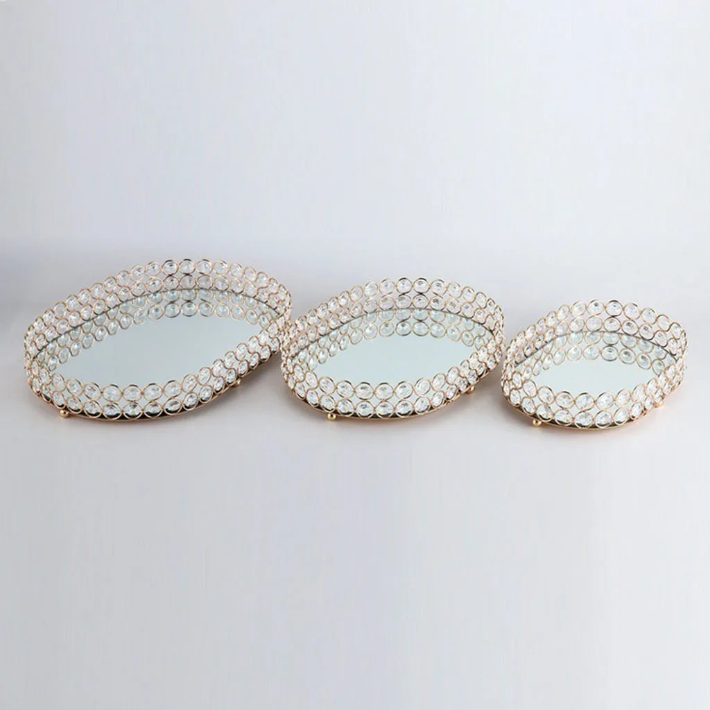 Crystal Oval Mirrored Tray Cosmetic Vanity Tray Jewelry Storage Decorative Tray