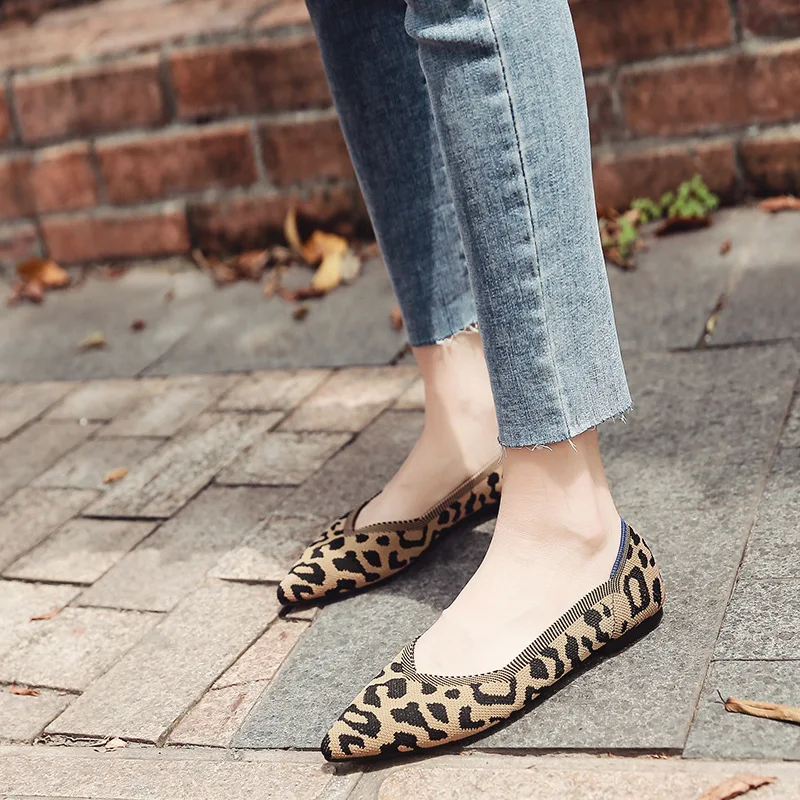 Ballerinas Leopard knitting flat shoes woman summer mixed color pointy loafers slip on moccasins ladies shallow espadrilles cozy women sandals women loafers