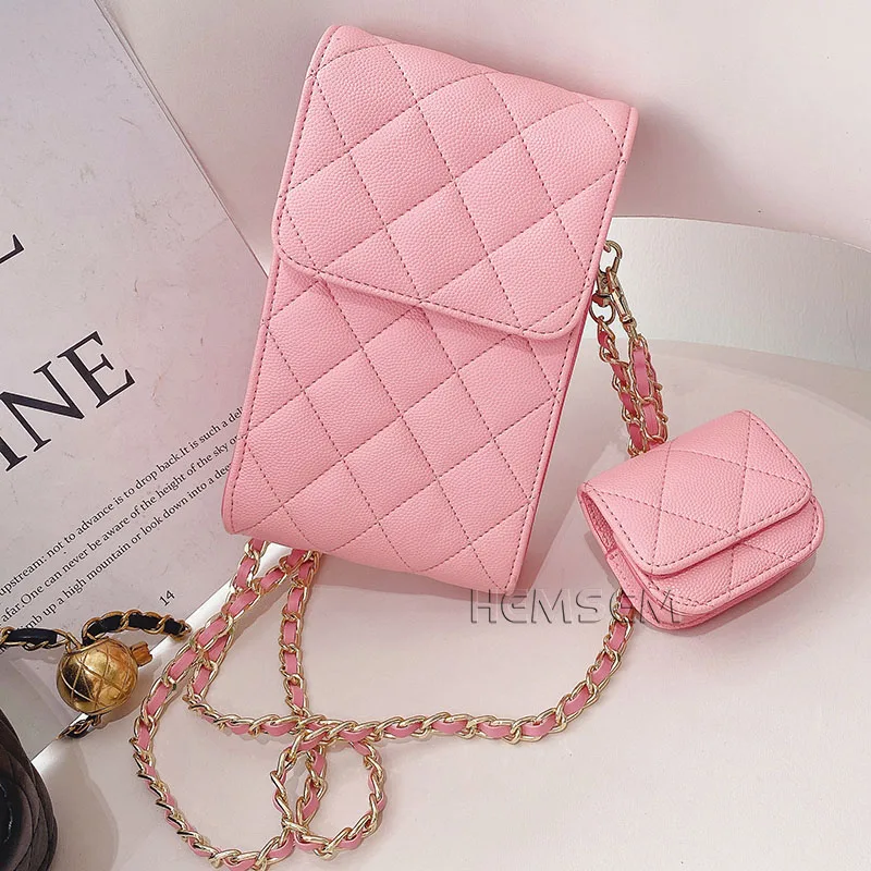 Luxury CC 2 in 1 Pouch Caviar Leather Cellphone Cosmetic Bag Brand Card Wallet Purse Universal Earphone Case Can Separated Match