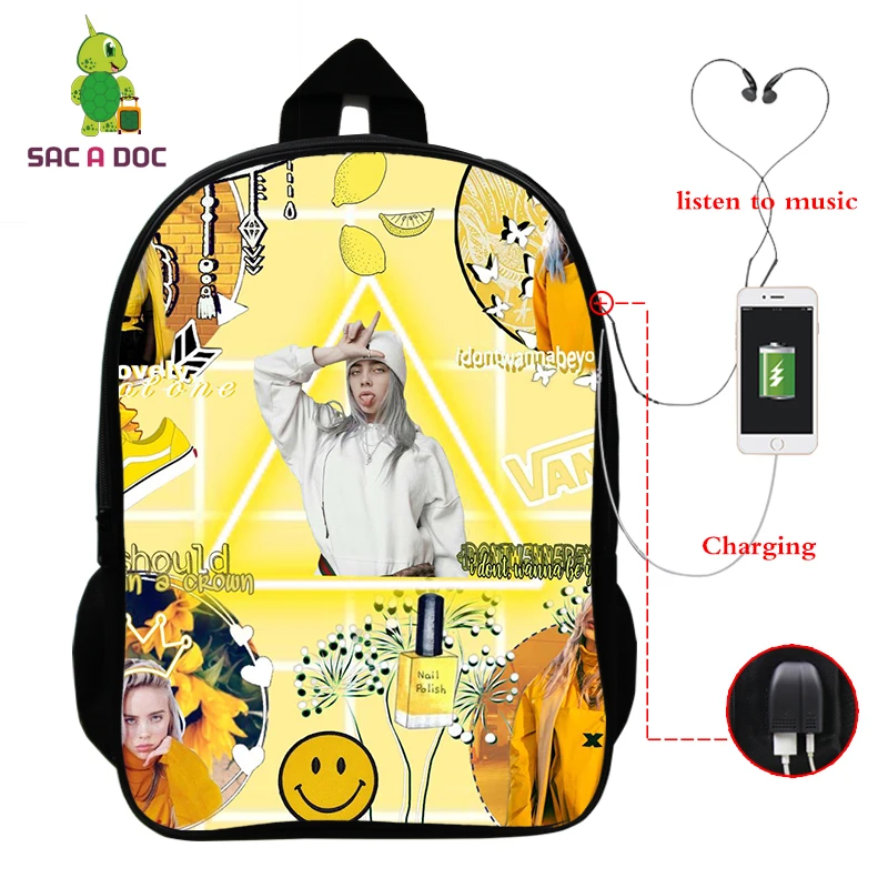 164-JX-billie 5 Рюкзак Mochila Billie Eilish, школьные сумки для подростков, девочек, мальчиков, рюкзак, женский рюкзак, USB зарядка, многофункциональный рюкзак для путешествий - Цвет: 164-JX-billie 5