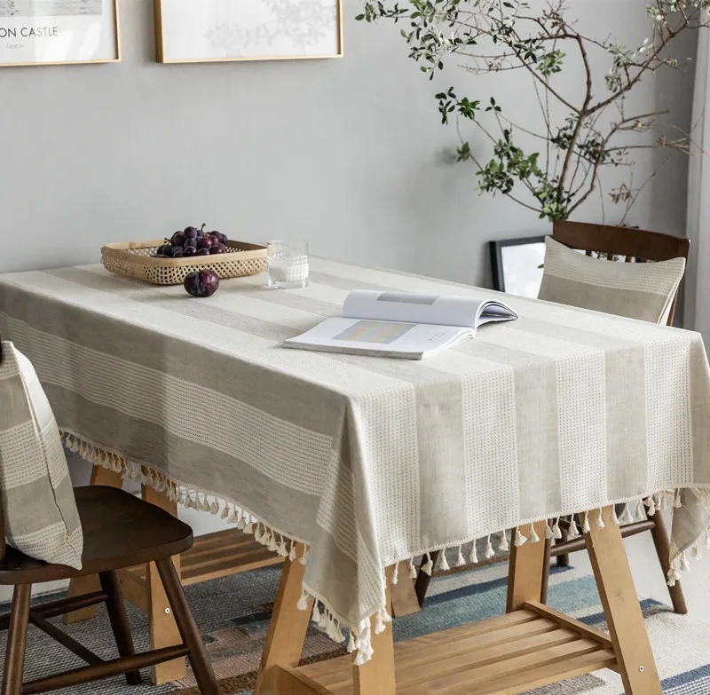 

Northern Europe Plain Colour Imitate Cotton Tassels Tablecloth Geometry Stripe Lace Long Tea Table Table Cloth