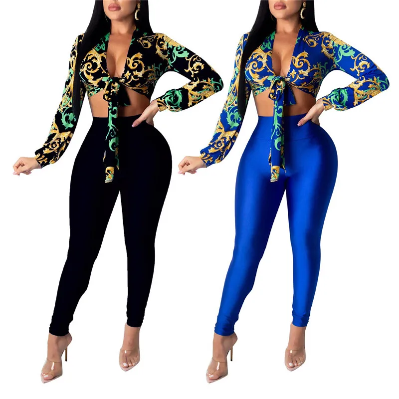 

Women 2 Pieces Sets Women Sweatsuit Summer Floral Print Lace Up Shirt Crop Tops High Waist Long Pants Tracksuits 2020