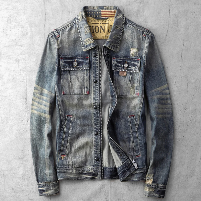 

Vintage Spring Male Jeans Coats European Style Overcoat Vintage Mens Jean Coats Casual Baseball Coats Uniform Jackets Man A529