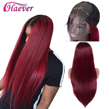 

Haever 4x4 Lace Closure Wig 1b/99j Burgundy Ombre Human Hair Wigs For Women 150 Density Peruvian Straight Closure Wig Human Hair