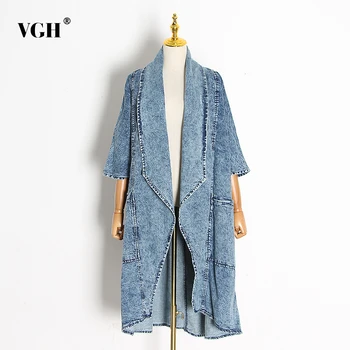 

VGH Vintage Denim Women Windbreakers Lapel Collar Half Sleeve High Waist Trench Coats Female Fashion Clothing 2020 Spring Tide