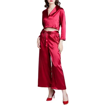 

Jodimitty 2020 Spring Summer New Fashion Syle Women's Silk Pajama Set Long Sleeve Solid Color Plus Size Pajamas Set Wild Pajamas